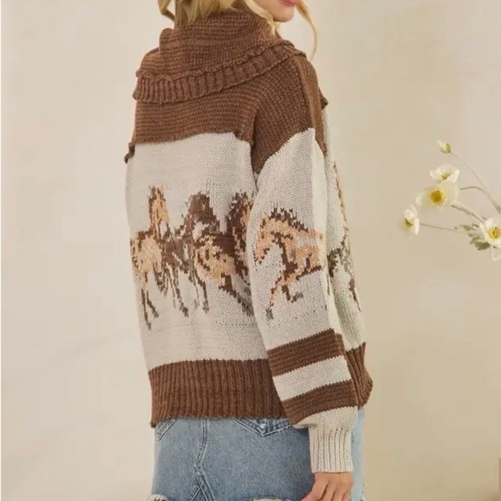 Brown and Cream Horse-Pattern Button-Up Sweater - Picture 2 of 2